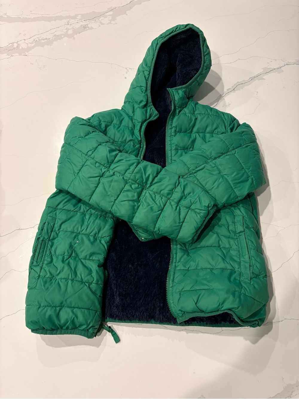 Kids Hooded Puffer Jacket in Green with Fleece Lining